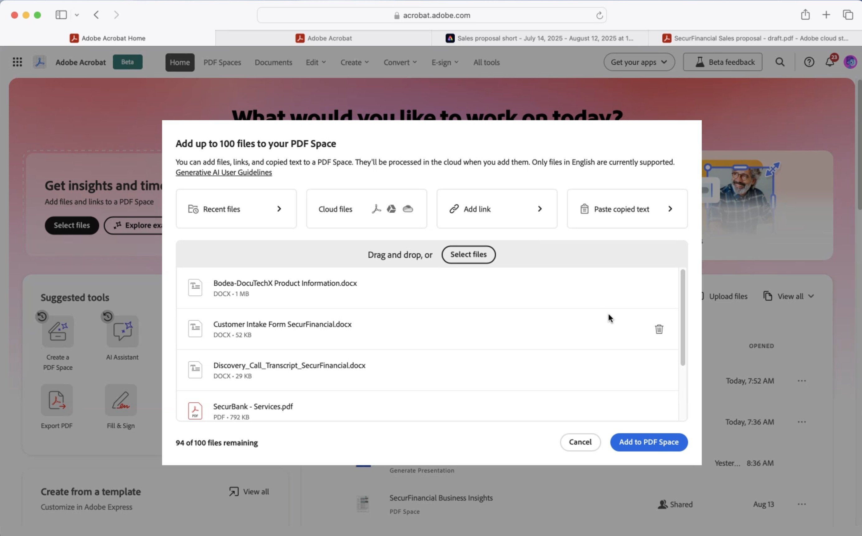 Acrobat Studio intègre des espaces dans lesquels vous pouvez réunir tous les fichiers et documents que vous souhaitez voir analyser par un ou plusieurs assistants IA. ©Adobe