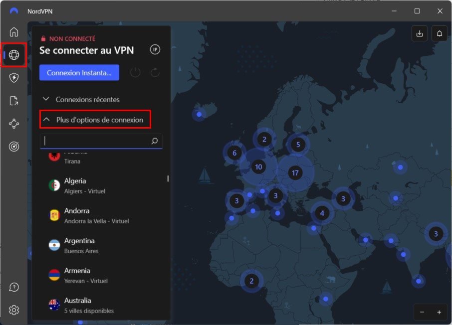 Faites défiler la liste des pays pour trouver un emplacement VPN