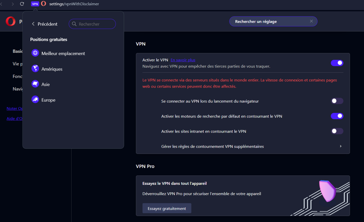 Sur Opera, le "VPN" intégré et gratuit n'offre aucune possibilité de choisir un emplacement de connexion précis © Clubic