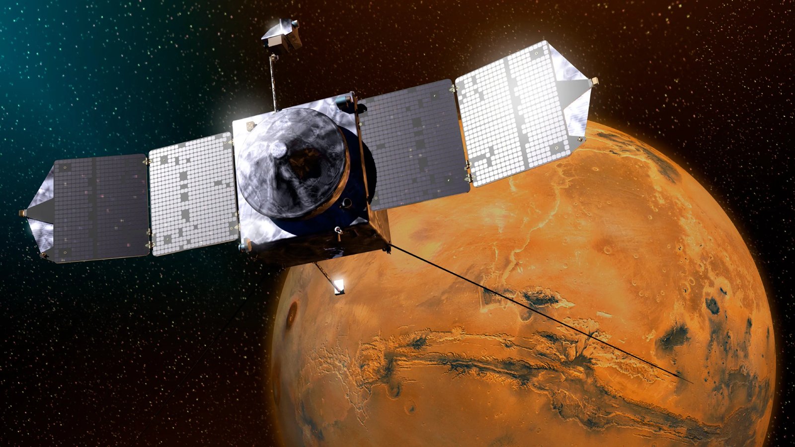 Rendu 3D de MAVEN qui orbite autour de Mars. ©NASA/Goddard/University of Colorado/Laboratory for Atmospheric and Space Physics
