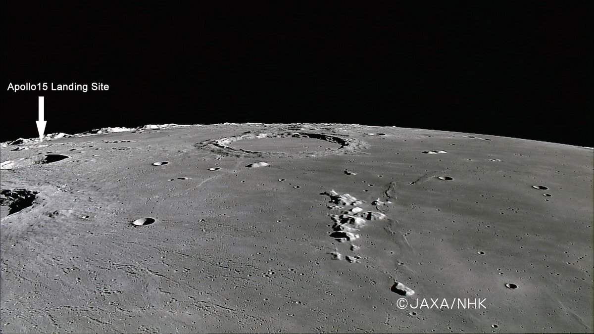 Une photographie de la Lune capturée par la sonde Kaguya, avec le site d'atterrissage de la mission Apollo 15 © JAXA / NHK