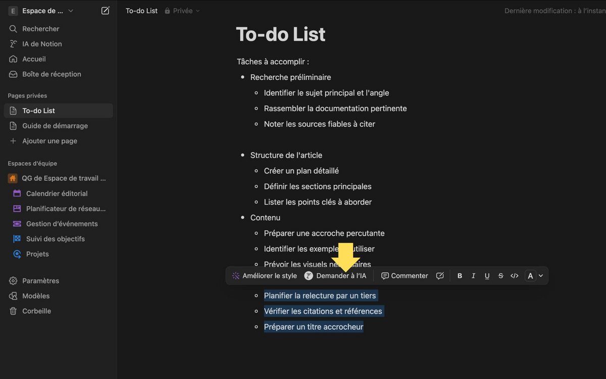 Demandez de l'aide à l'IA © Notion
