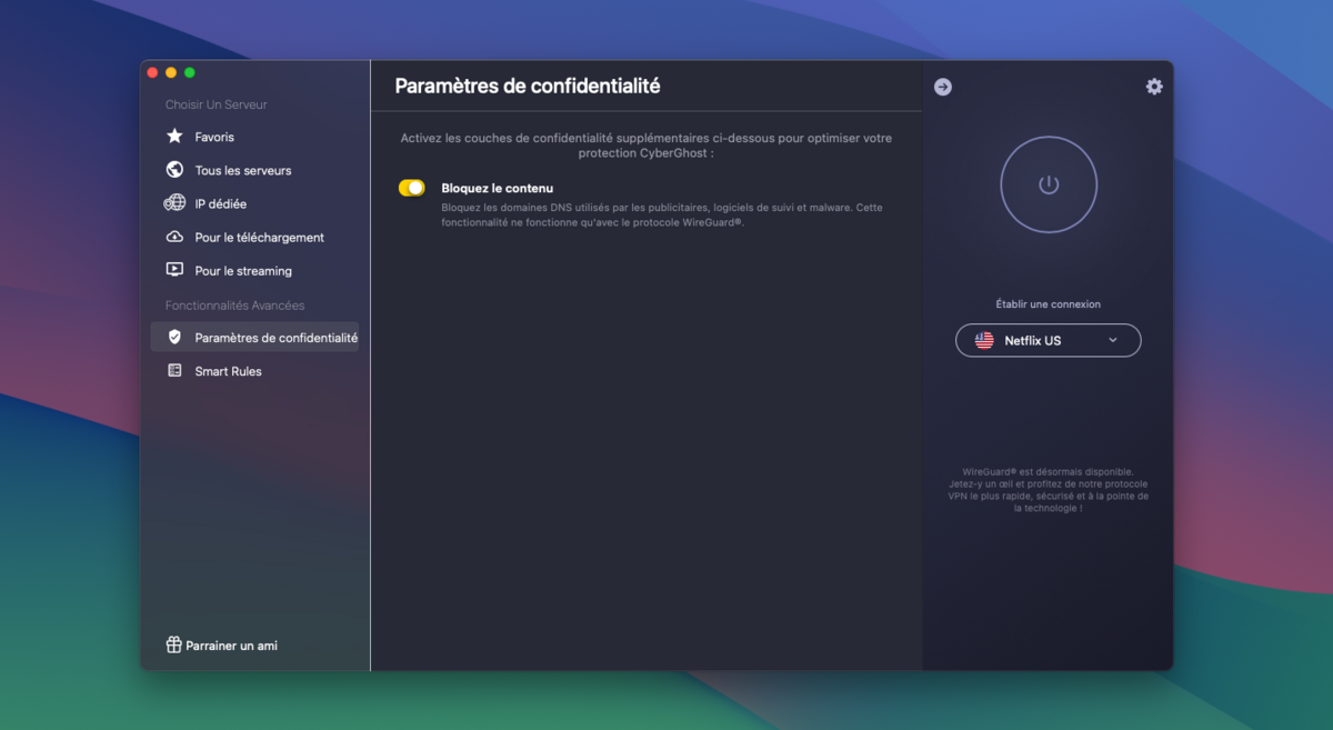 Parmi les options destinées à renforcer votre sécurité sur le web, CyberGhost propose un bloqueur de de sites et téléchargements malveillants. © Clubic