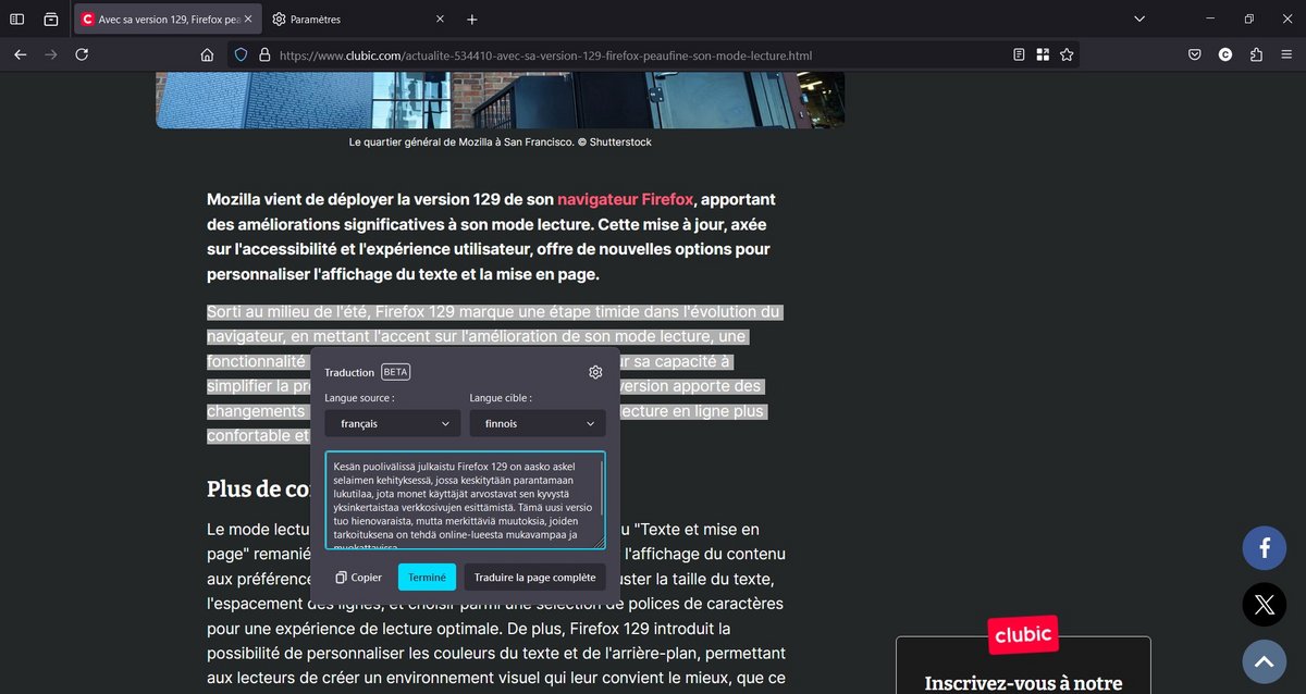 Firefox 130 tarduit à la volée des portions de texte sélectionnées en 16 langues © Clubic