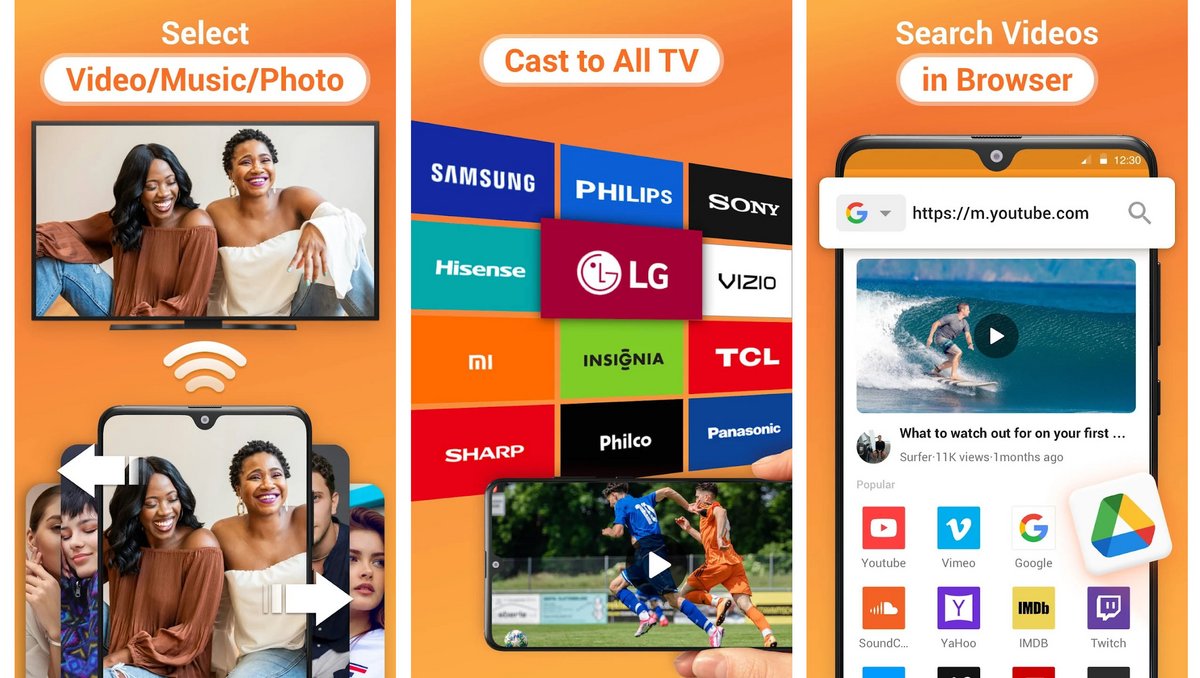 La sélection de médias, la liste des TV compatibles et la recherche de vidéo via navigateur intégré sur XCast. - © XCast