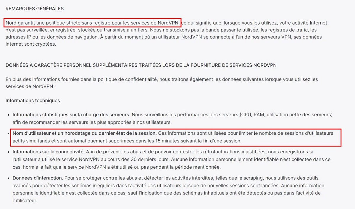 Extrait de la politique de confidentialité de NordVPN (2024), service no log... qui enregistre quand même des logs.