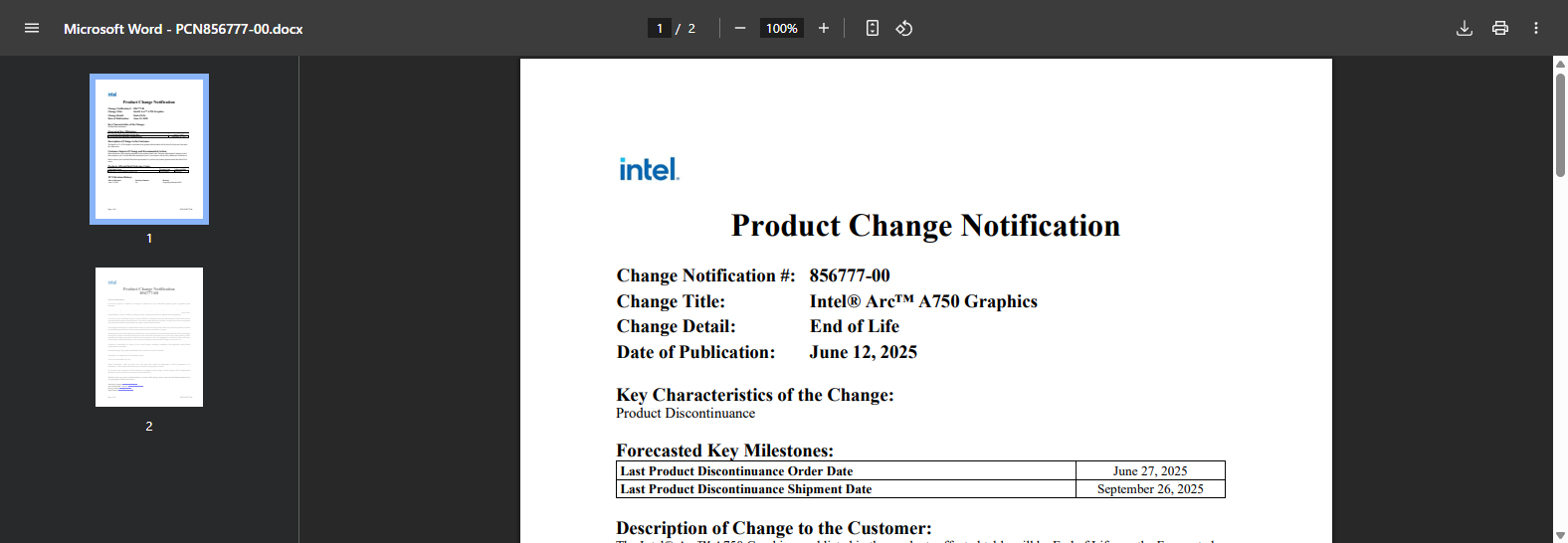 L'annonce officielle de fin de vie de l'ARC A750. ©Intel