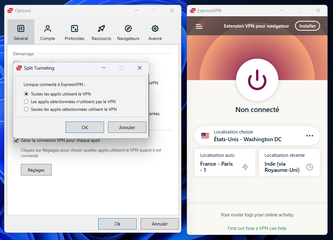 ExpressVPN - Le split tunneling inclut ou exclut des applications du trafic VPN