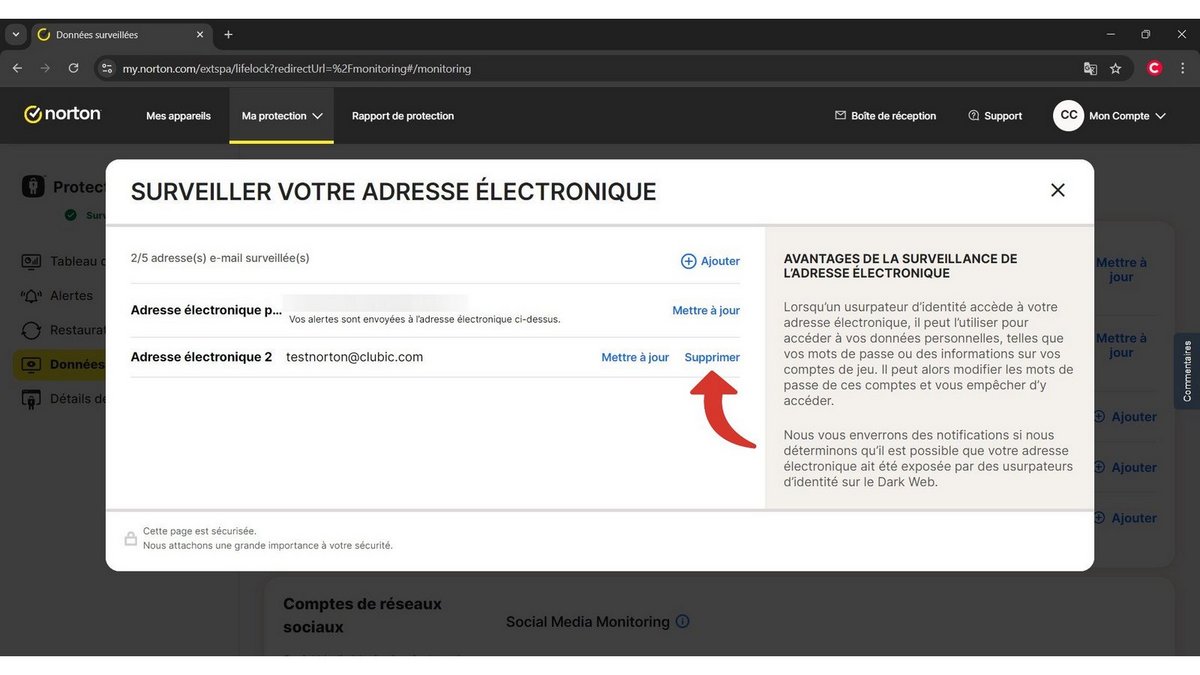 Supprimez l'une des adresses mail enregistrées © Clubic