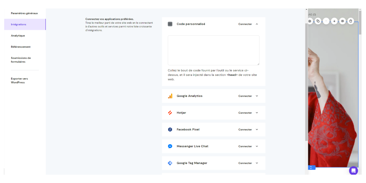 Créateur de sites web Hostinger - Ajout de code personnalisé au sein de l'éditeur