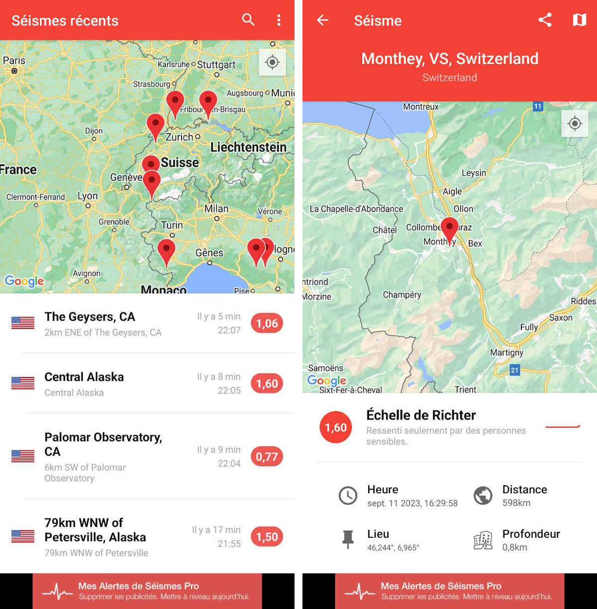 mes alertes de séismes interface mobile