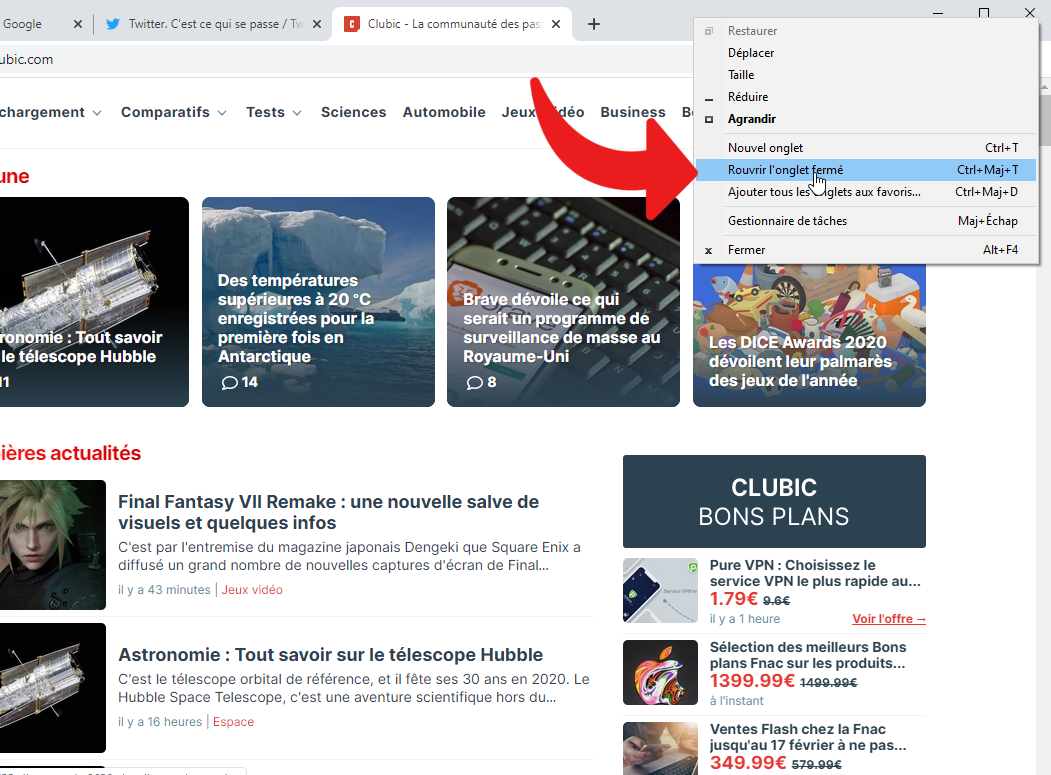 rouvrir onglet fermé chrome
