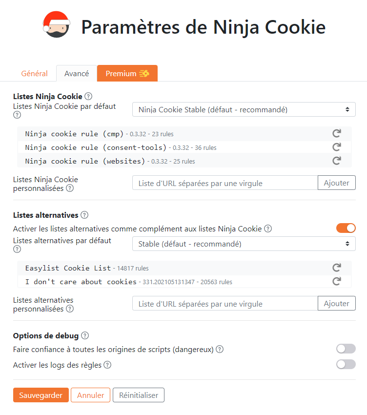 Ninja Cookie Paramètres
