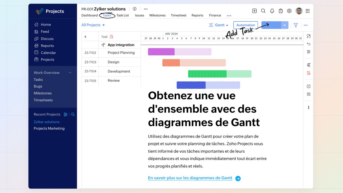 Utilisez des diagrammes de Gantt pour créer votre plan de projet et suivre votre planning de tâches - © Zoho