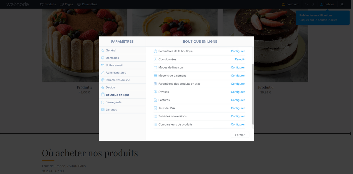 Paramètres de la boutique en ligne © Webnode