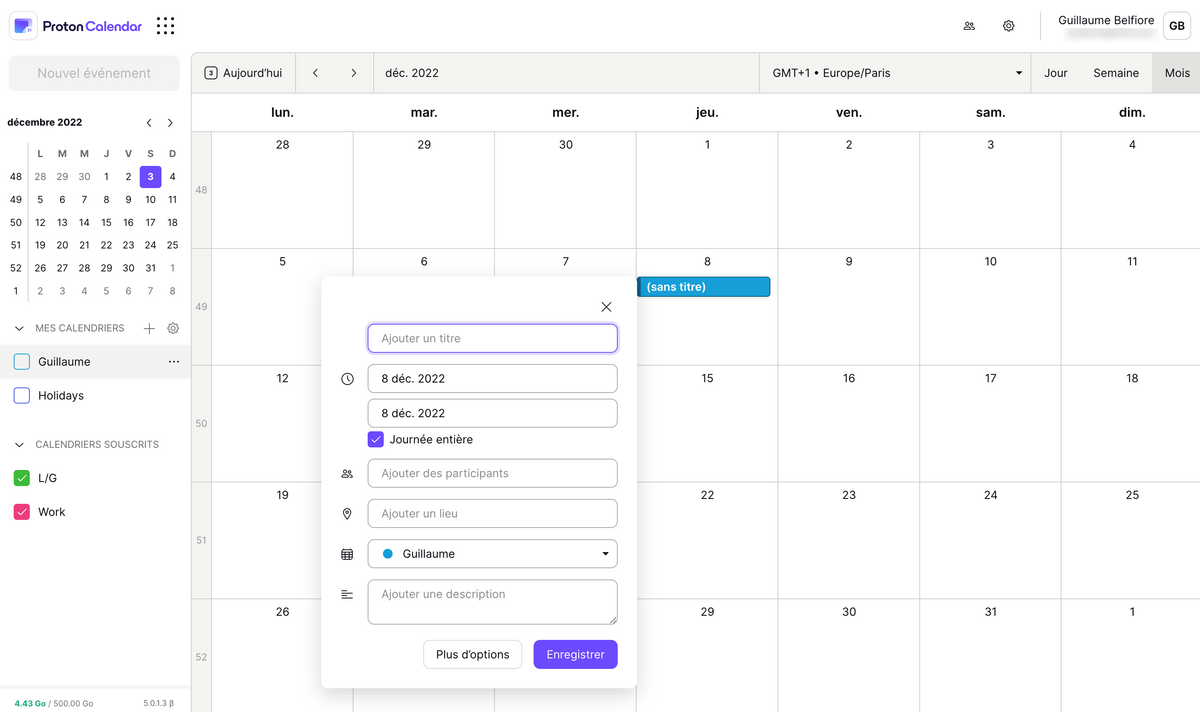 ProtonMail - Création d'un évènement dans Proton Calendar