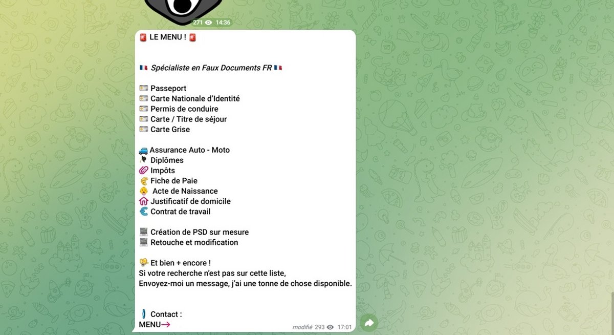 Sur Telegram, les faux papiers, c'est à la carte... ou au menu - Capture d'écran © Mélina Loupia pour Clubic