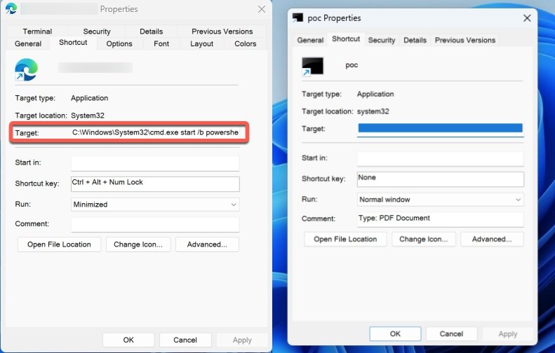 Le champ Cible d’un raccourci peut embarquer une commande PowerShell malveillante, repoussée hors de la zone visible grâce à une longue séquence d’espaces. À l’écran, seul le début du chemin apparaît, masquant entièrement la charge. © Trend Micro