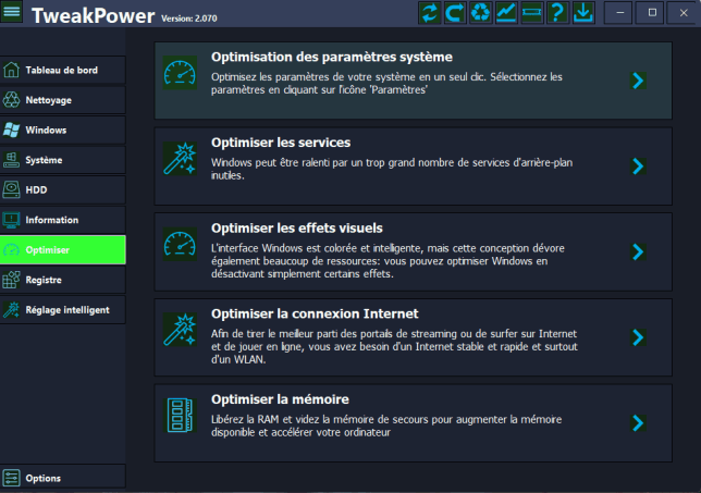 La section Optimiser avec les réglages pour services, effets visuels, connexion Internet et mémoire. - © TweakPower