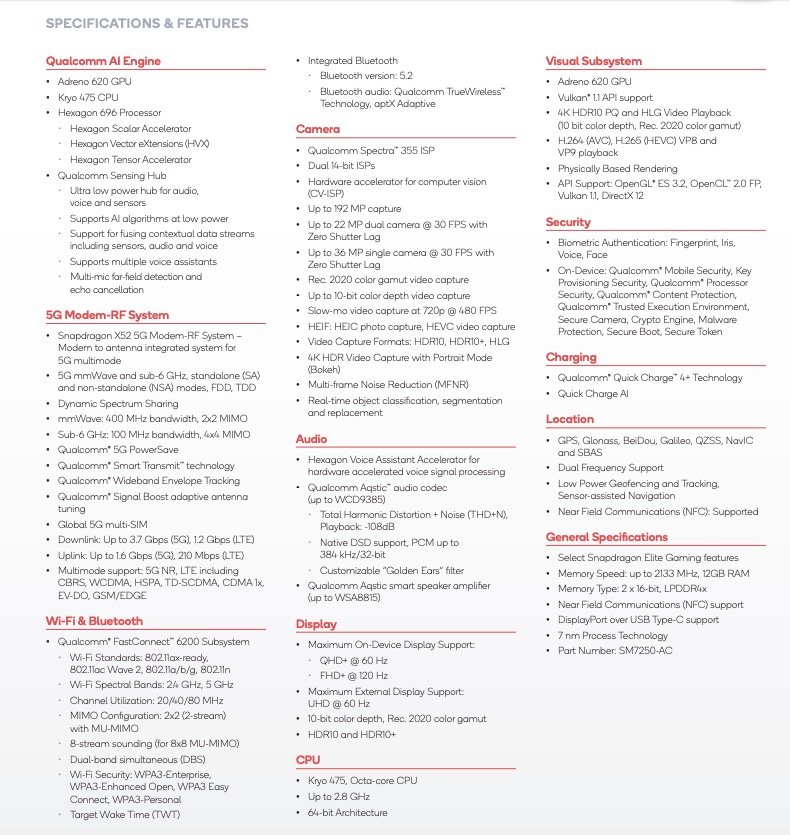 Les caractéristiques techniques du Snapdragon 768G. © Qualcomm