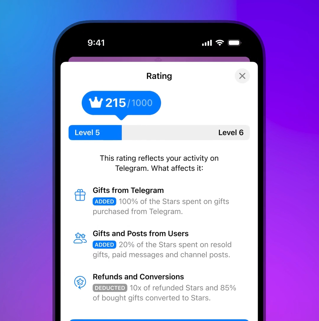 Les profils Telegram affichent désormais un badge avec un système de notation pour évaluer votre engagement sur la plateforme. © Telegram