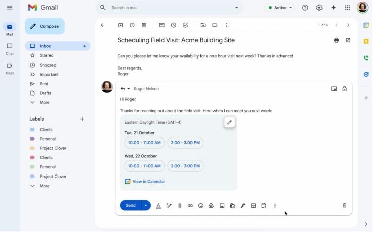 Gemini viendra intégrer directement le rendez-vous (via Google Agenda) dans le corps du mail. ©Google