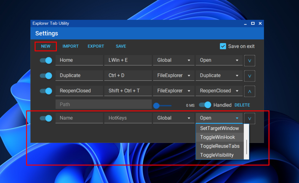 Configurez de nouveaux raccourcis et actions dans Explorer Tab Utility © Clubic