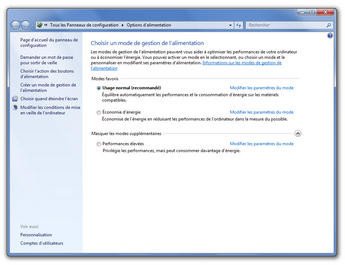 Les options d'alimentation proposées par Windows 7