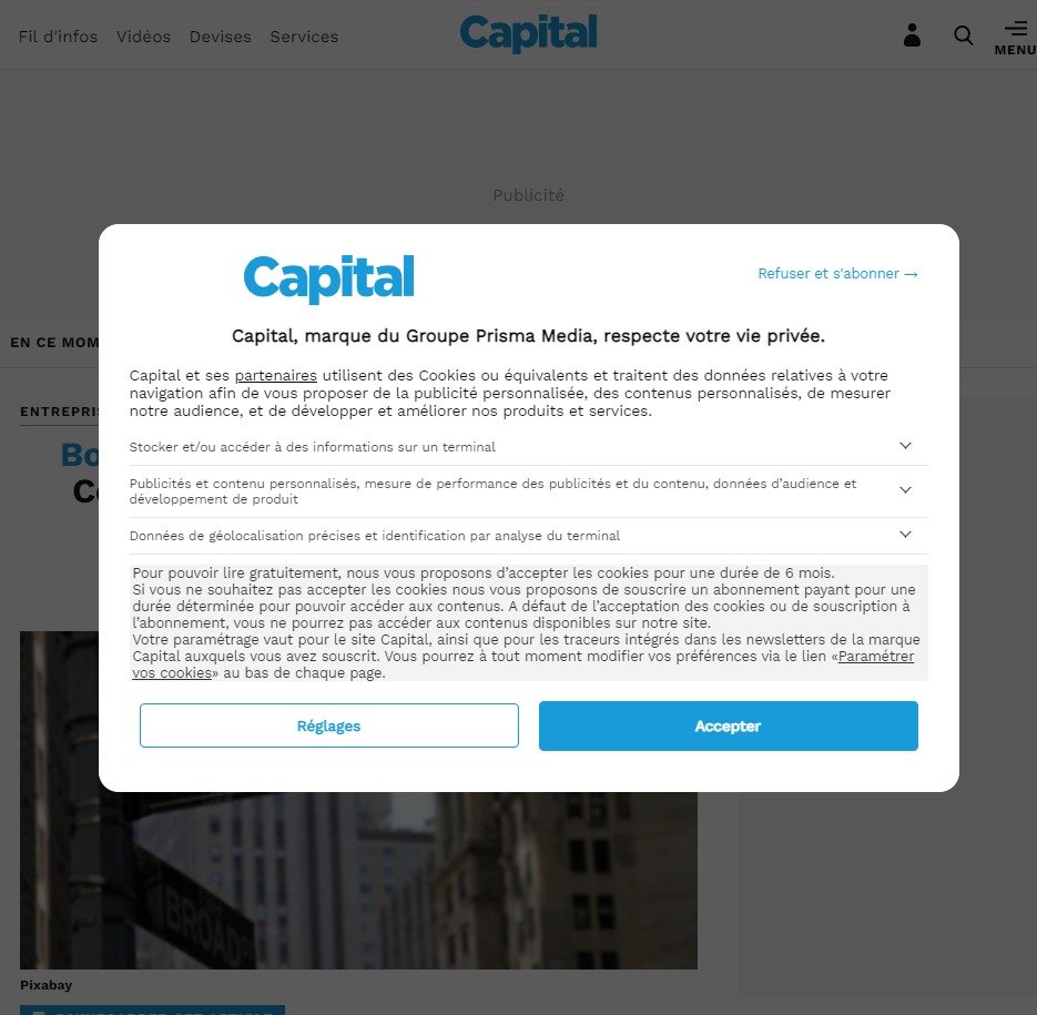 © Capture d'écran Capital.fr, avec les boutons "Accepter" ; "Réglages" et "Refuser et s'abonner"
