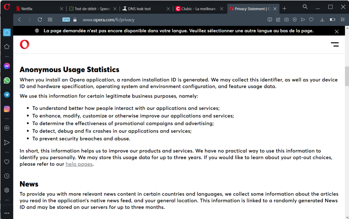Opera VPN - politique de confidentialité