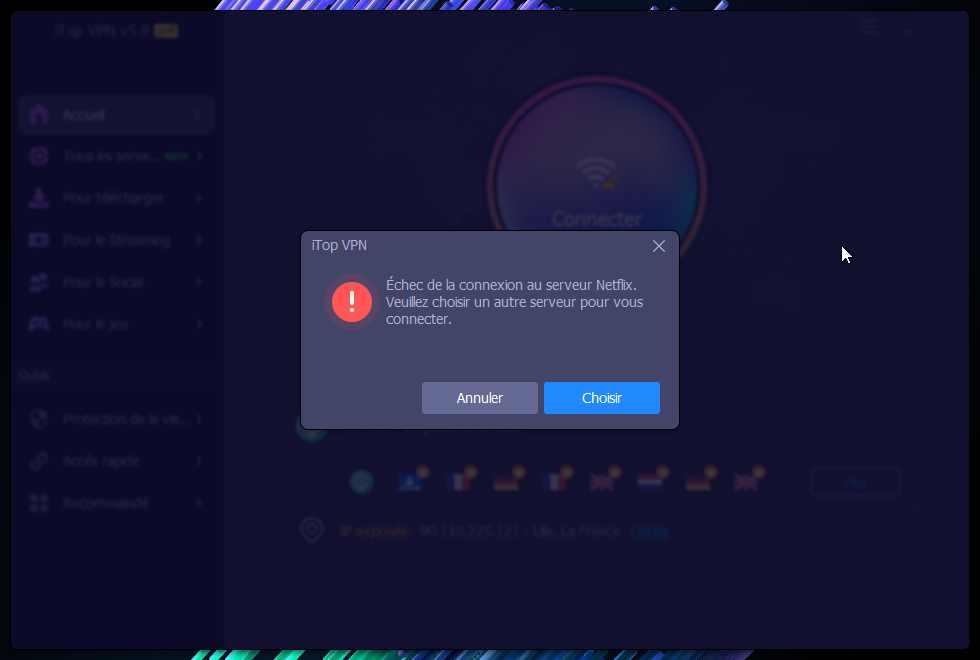 iTop VPN erreur streaming