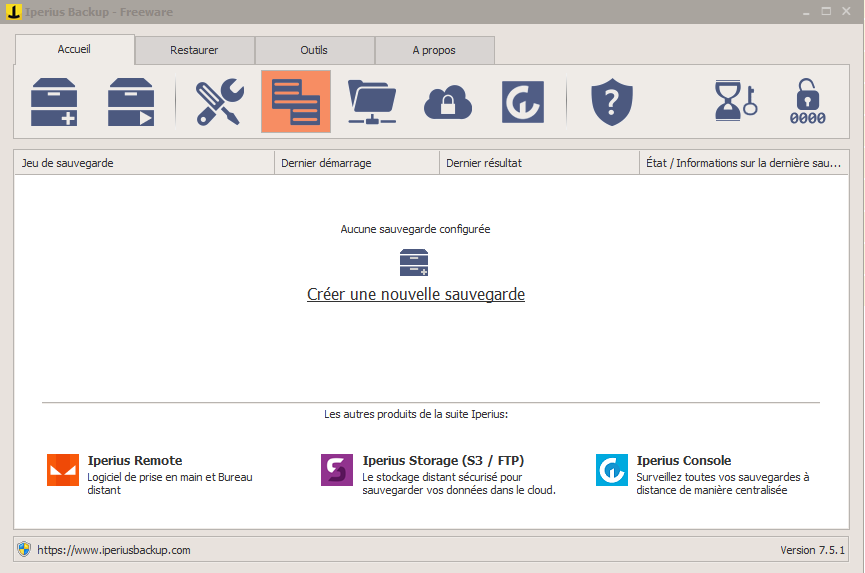 Tableau de bord Iperius Backup