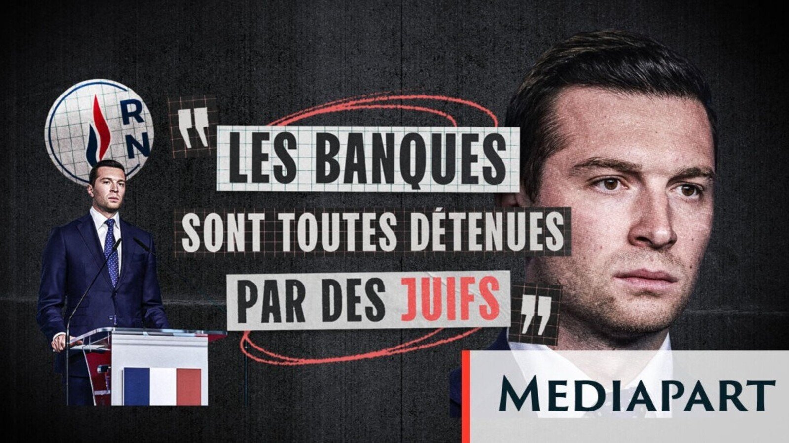Le visuel publié par Mediapart pour illustrer son enquête, qui attribue à Jordan Bardella des messages antisémites datant de ses débuts au Front national. © Mediapart