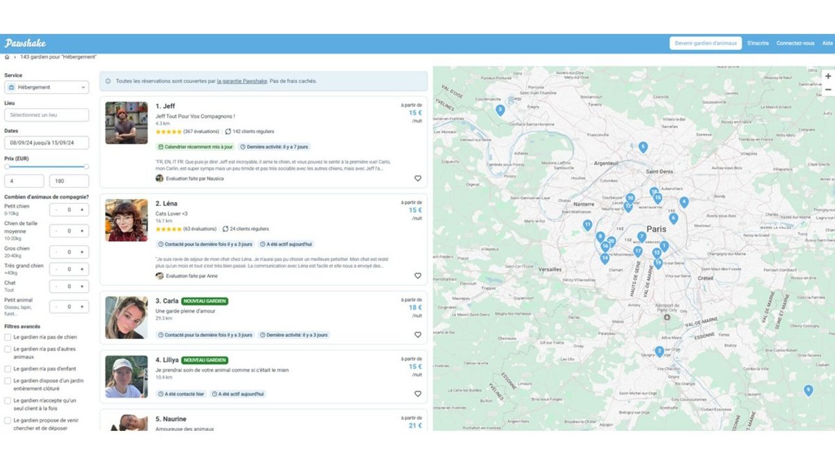 Effectuer une recherche de garde d'animaux sur Pawshake est simple - Capture d'écran © Pawshake / Mélina Loupia pour Clubic