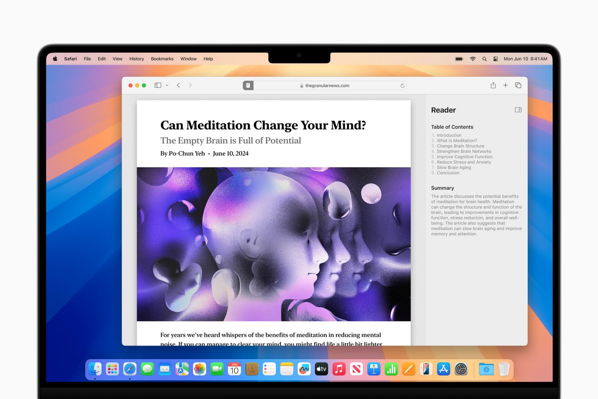 Safari intègre désormais un mode Lecture amélioré, avec résumés d'articles et tables des matières pour une lecture optimisée. © Apple
