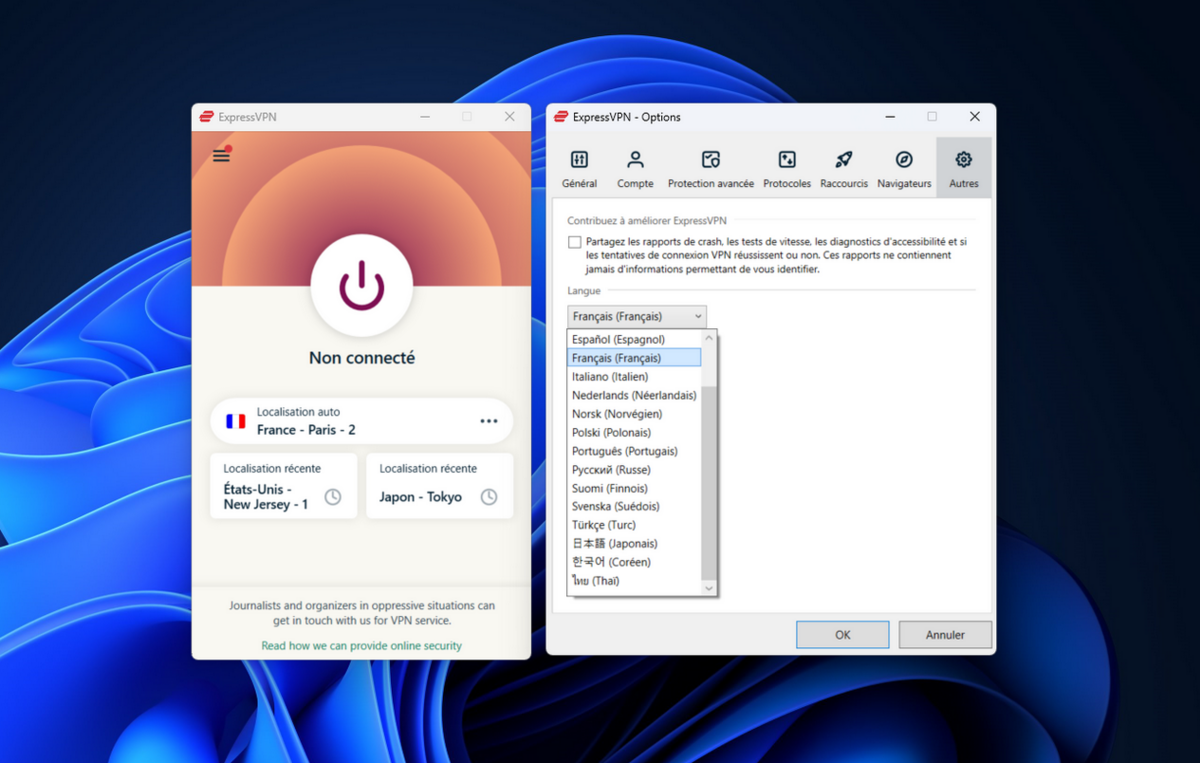 ExpressVPN - choisissez la langue par défaut