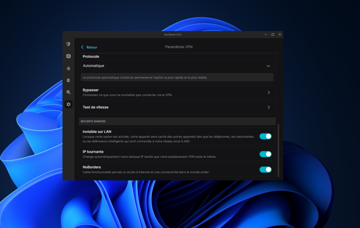 Surfshark - les options de sécurité avancée