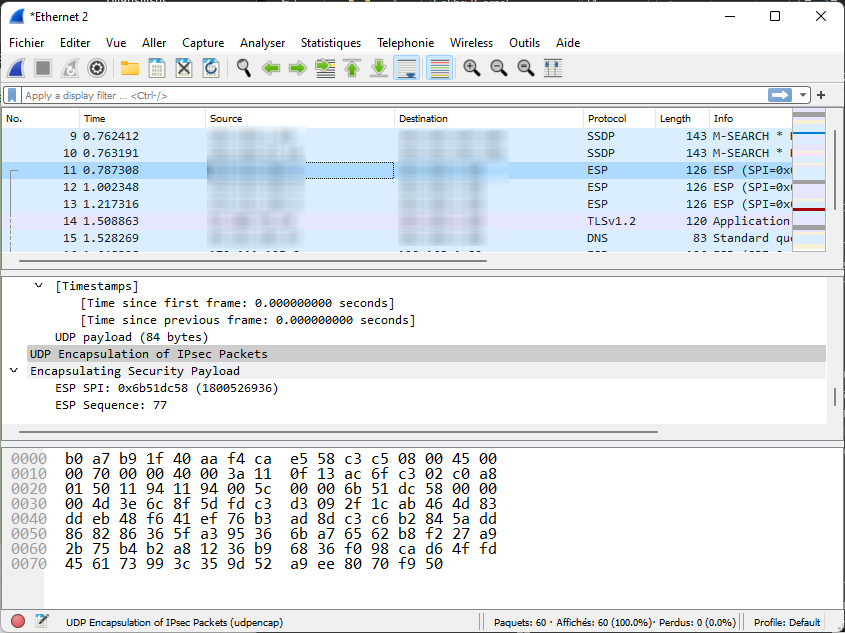 L'analyse Wireshark révèle l'encapsulation UDP-ESP des paquets IPsec