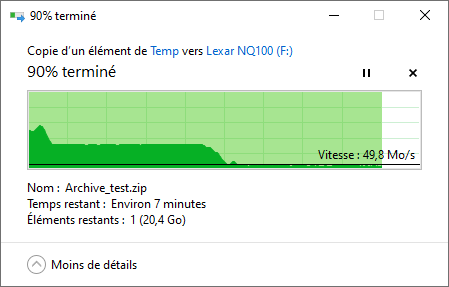 Débits observés en écriture sur une copie « simple » via Windows 10