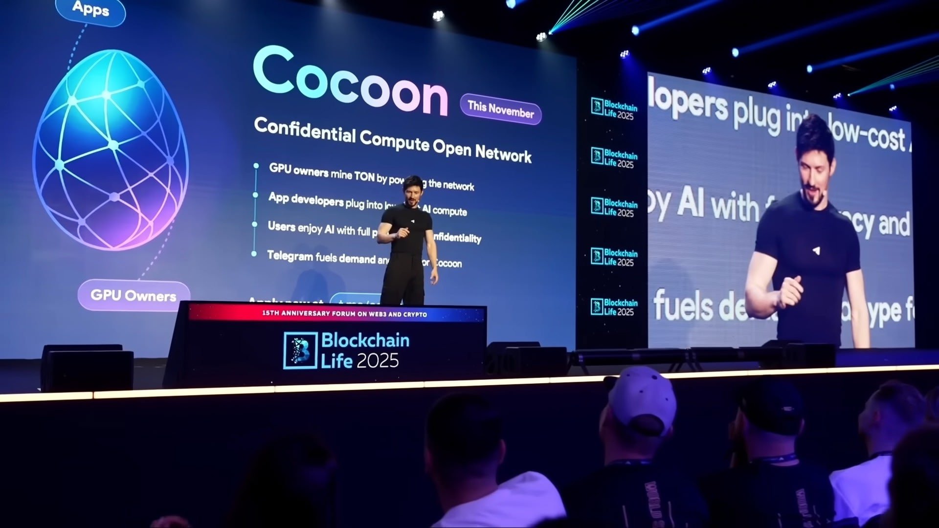 Pavel Durov présente Cocoon à la conférence Blockchain Life 2025, Dubaï. © Blockchain Life