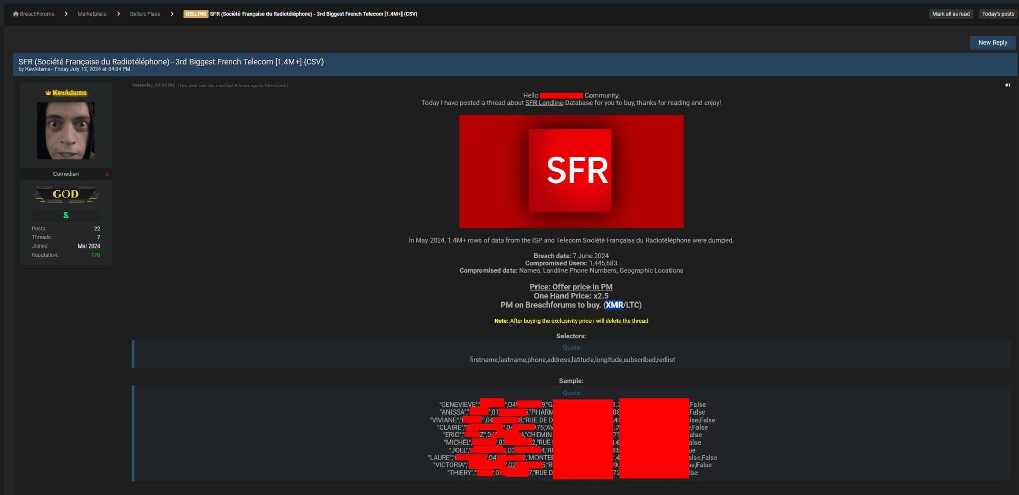Capture d'écran du post publié par le pirate sur le dark web © Clément Domingo, alias SaxX