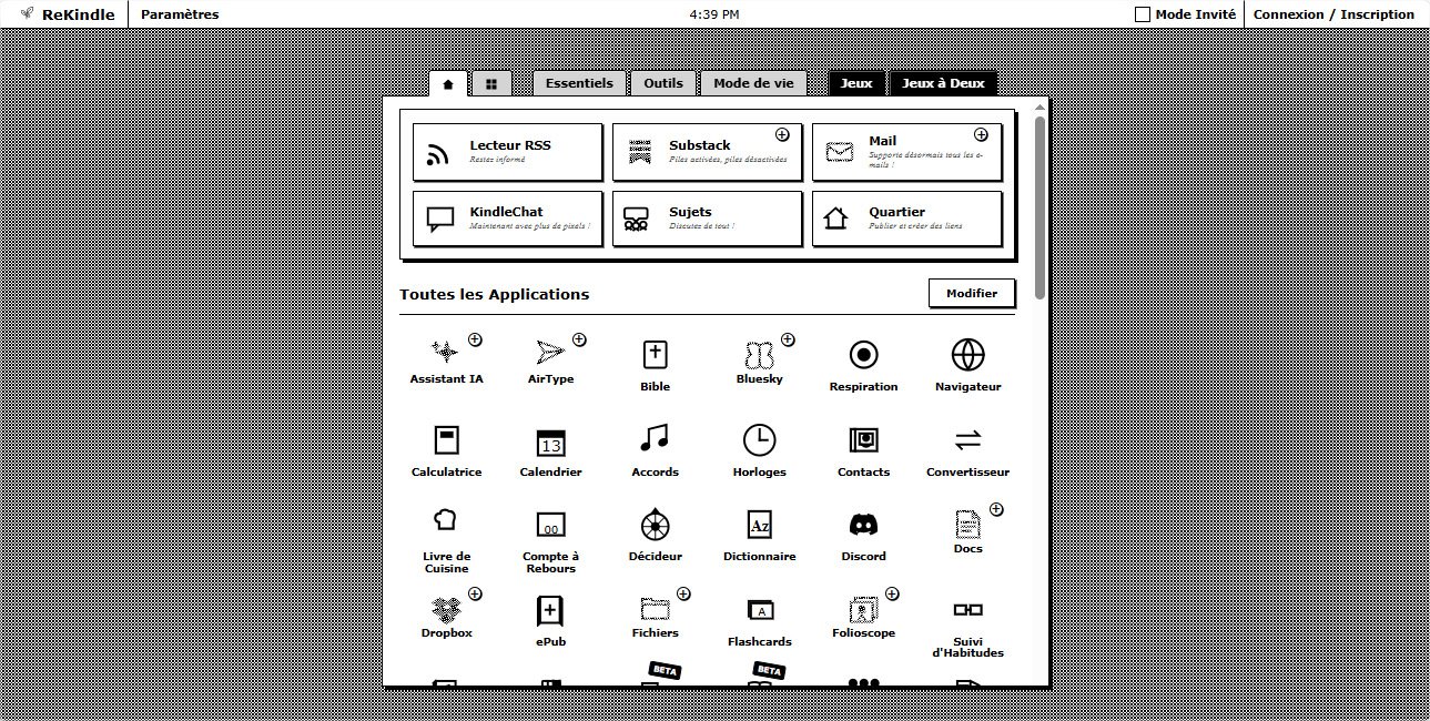 Interface principale du service sur Kindle avec accès aux listes, jeux et outils. © ReKindle