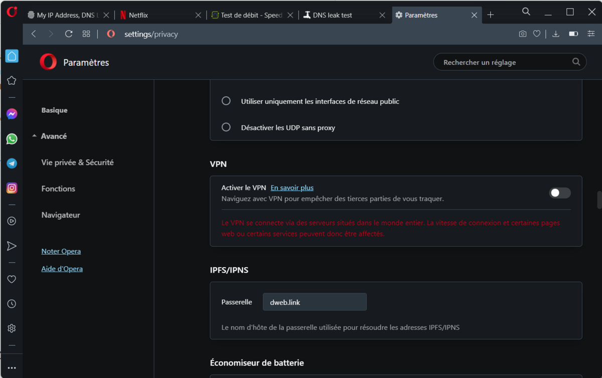 Opera VPN - Paramètres
