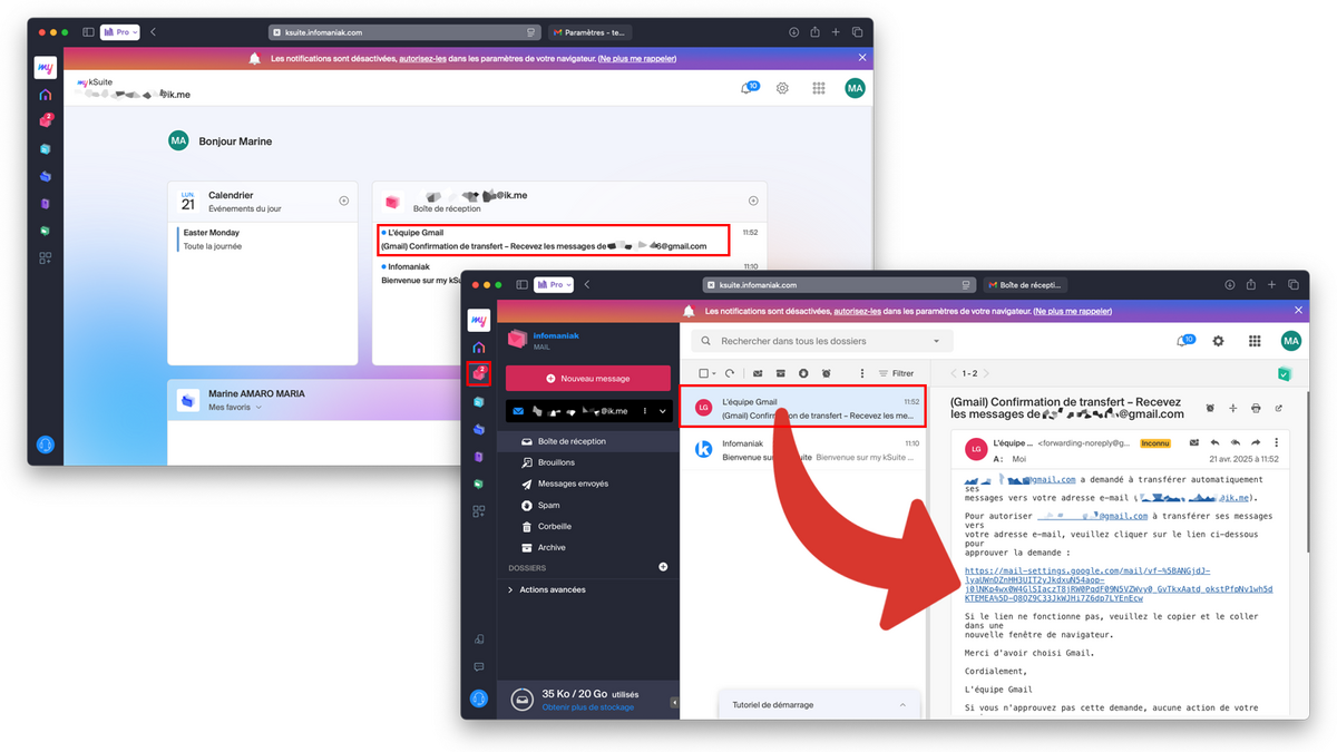 Cliquer sur le lien pour confirmer le transfert d'e-mails de Gmail vers Infomaniak Mail © Clubic