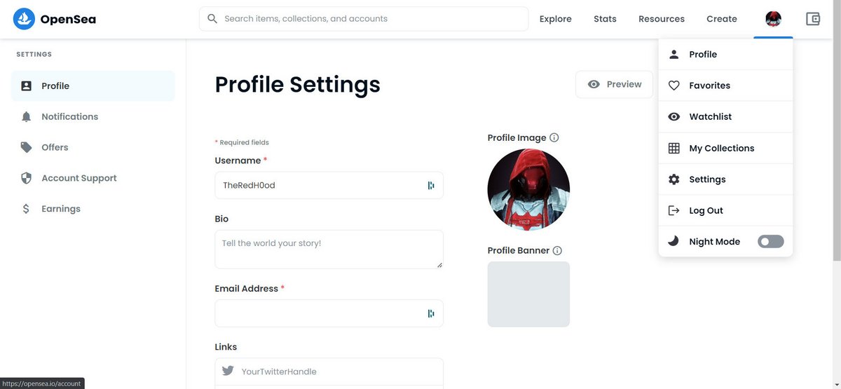 Les paramètres de profil sur OpenSea.