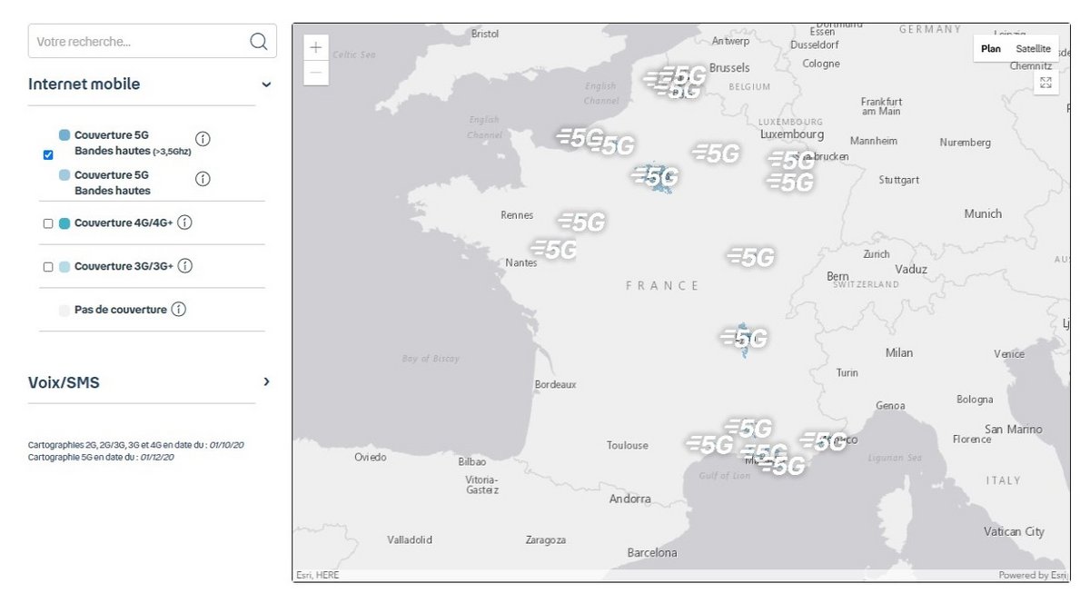 La carte de couverture du réseau mobile 5G Bouygues Telecom