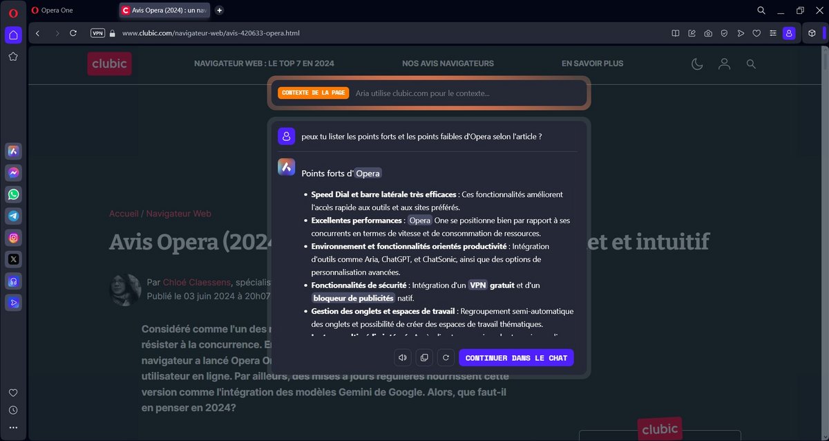 Le raccourci Ctrl+Maj+7 ouvre une invite de commande Aria dans la page active © Clubic