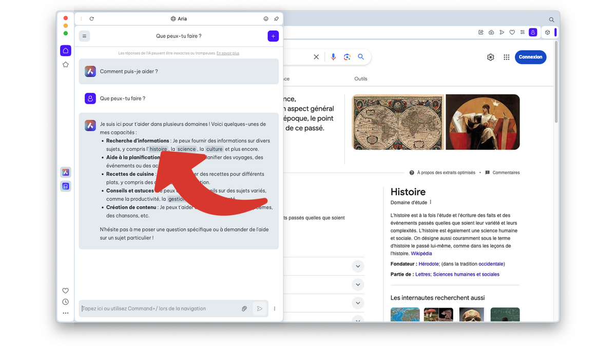 Aria suggère des recherches internet © Clubic