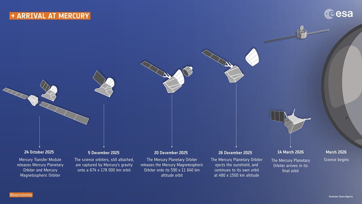 Les différents véhicules de la mission BepiColombo à leur arrivée autour de Mercure. Crédits ESA