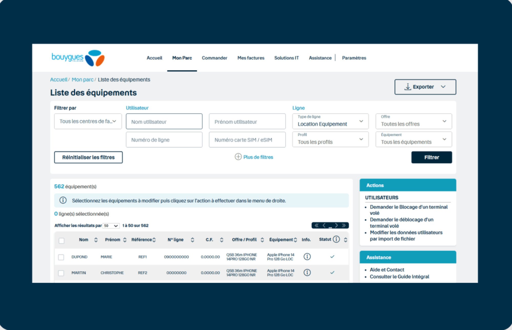 Aperçu de la gestion des parcs bLease © Bouygues Telecom